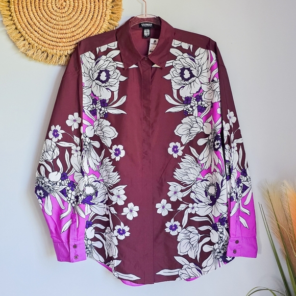 EXPRESS New Boyfriend Portofino Burgundy Floral Button Front Shirt SZ Medium - Picture 12 of 14
